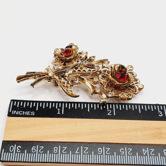 Vintage Floral Bouquet Brooch, Red Clear Rhinestones, Gold Tone, 2 3/4 Inches - Picture 4 of 7